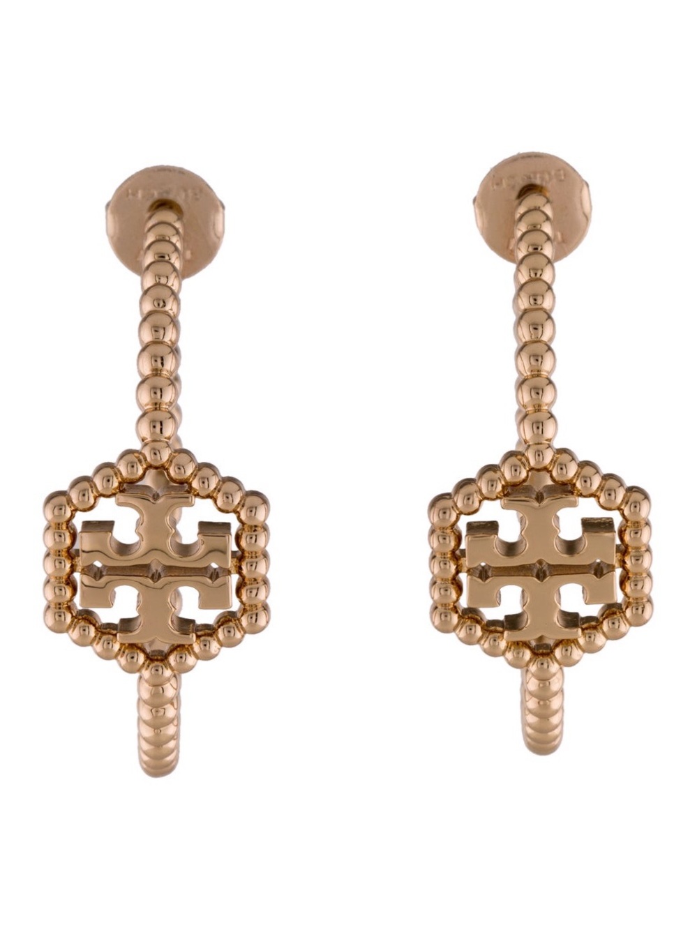 TORY BURCH • Rose Gold Milgrain Hex Hoop Logo Earrings